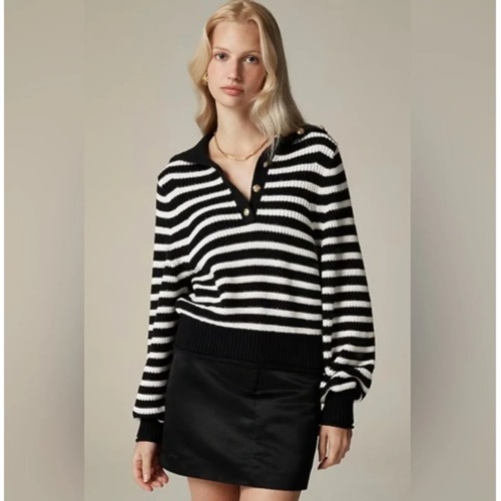 J.CREW Ribbed Cotton Button-collar Sweater in Stripe XS Black Ivory NEW CE737